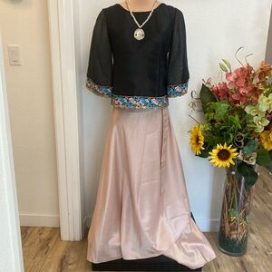 Filipiniana Kimona Black & pink floral dress w/ beaded button & wrap around set